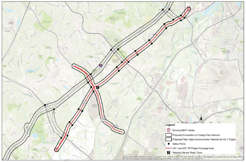 Figure 5: Proposed Self-Healing Fiber Optic Communications Network Path on US 1 in Maryland