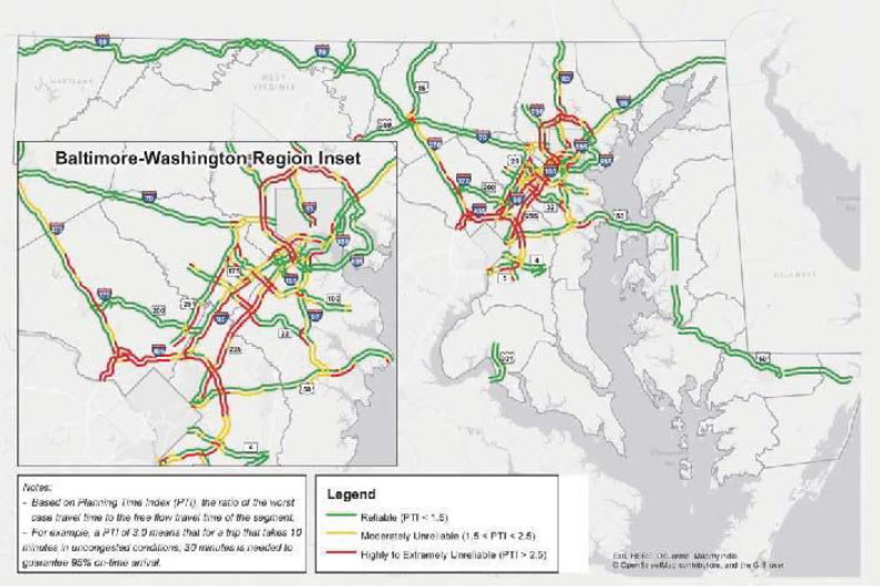 Image of Maryland with roads marked in green if light delays, yellow if delays between 1. and 2.5 minutes, and in red if delays are over 2.5 minutes.