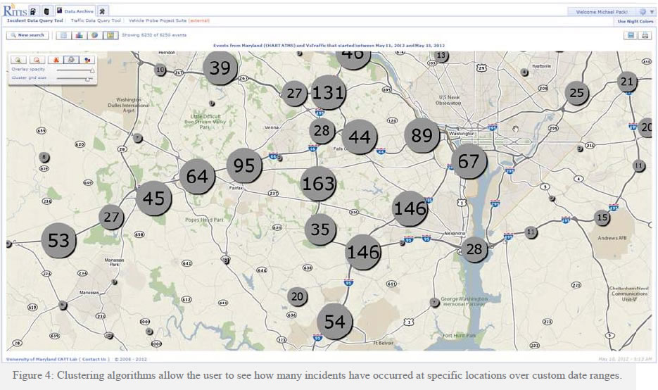 RITIS screenshot with a map of Maryland with circles with numbers in them indicating the number of accidents that have occurred in the area.