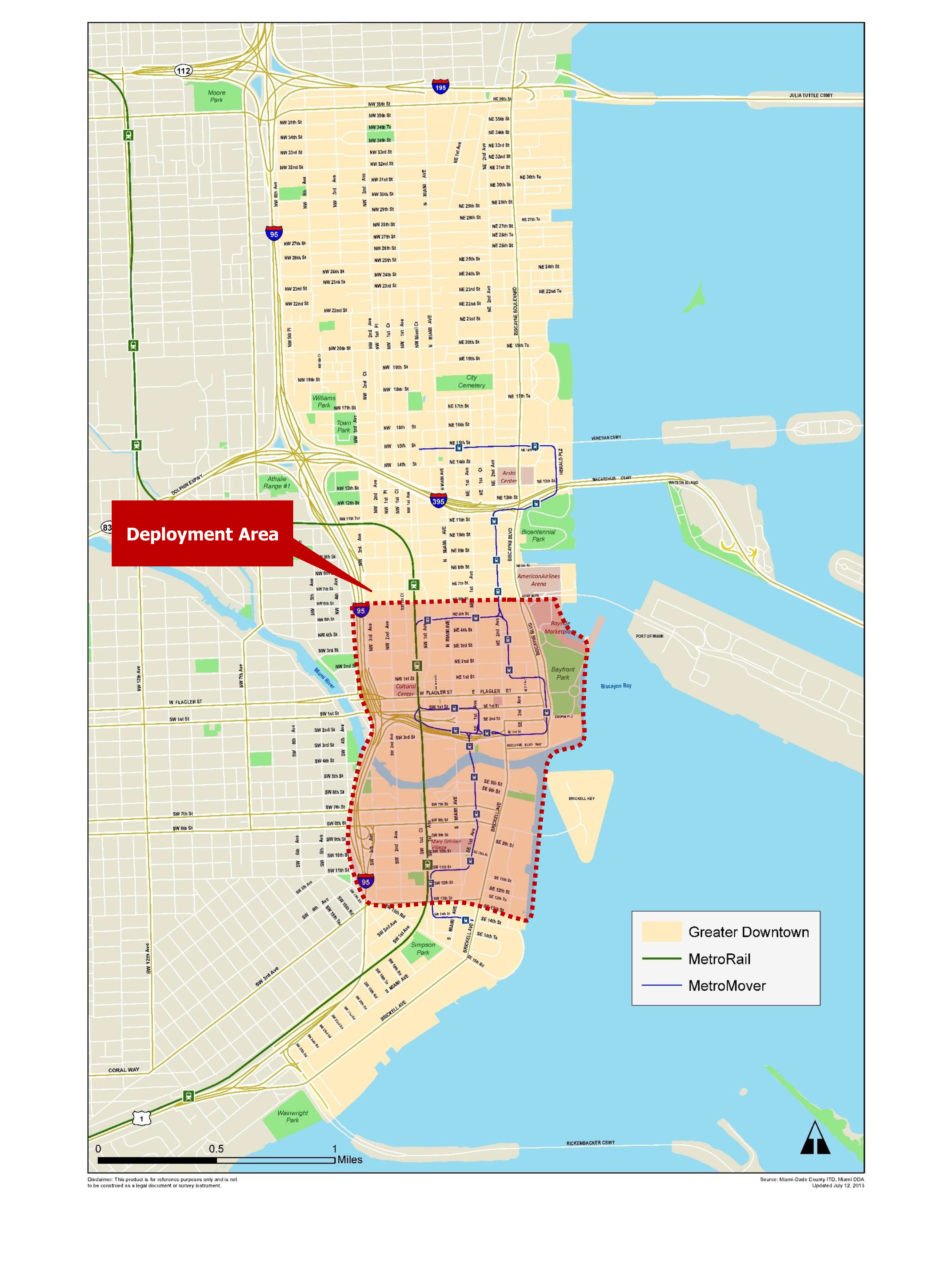 Figure 1: Map of Downtown Miami and technology deployment site.  From NE St south to SW 13th Street, West to interstate 95 and East to the ocean.