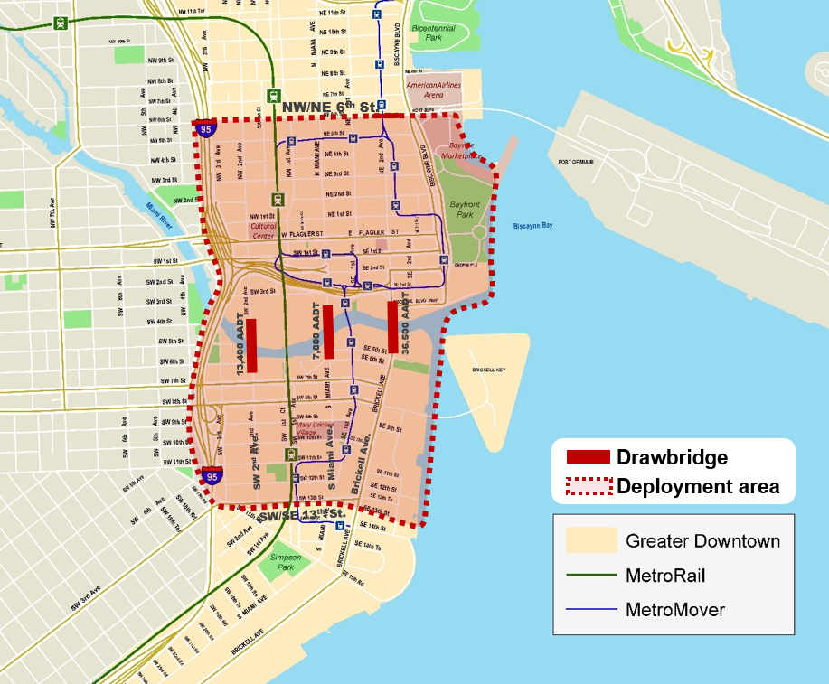 Figure 2: Technology deployment site map.  The deployment area is from NW/NE 6th Street in the North, and SW/SE 13th Street in the South.  With 3 drawbridges highlighted running North to South in the deployment area.