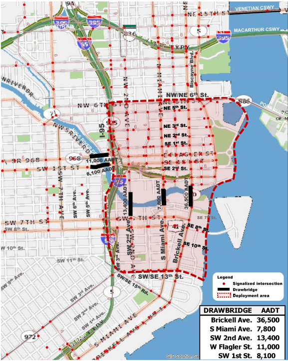 Figure 3: Roadway network and traffic signal system within deployment site.  Map of Miami-Dade highlighting the deployment area which is between NW/NE 6th Street and SW/SE 13th Street.  The Drawbridges are marked on Brickell Ave., S. Miami Ave., SW 2nd Ave. Signalized intersections are marked at most every major intersection.