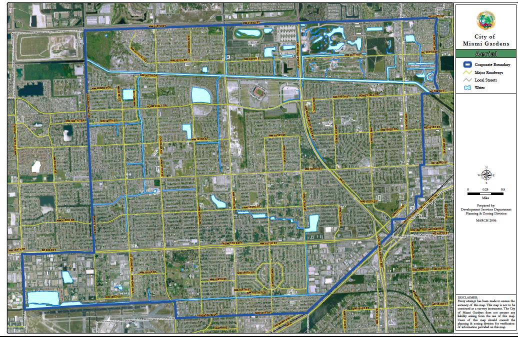 Figure 1 City of Miami Gardens.  A blue line denotes the corporate boundary.  There are many yellow lines running through the grid like roads denoting main roadways.  There are light blue lines denoting local streets.