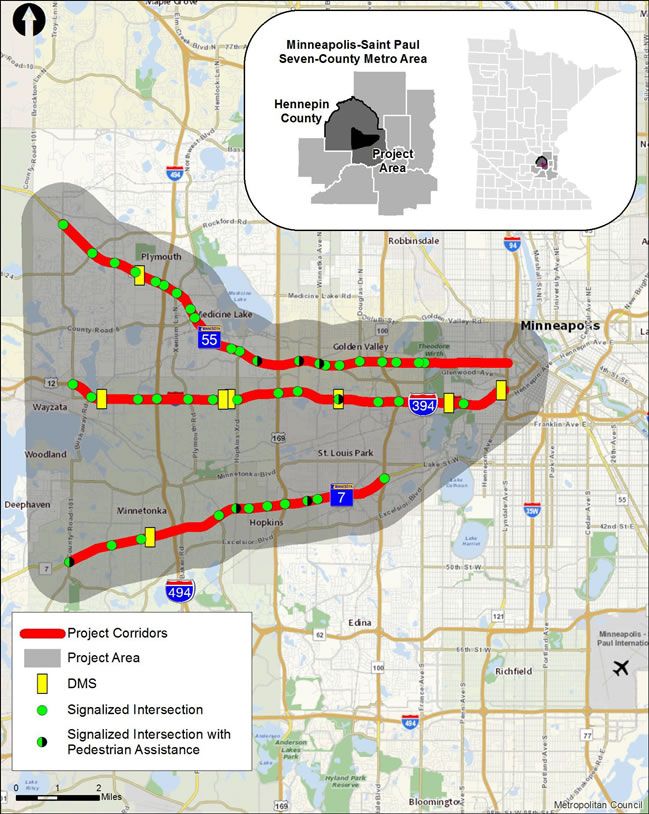 A Map of Minnesota with a red line denoting project corridors (on I-55, I-7, I-394).  Project area is marked in gray entailing the Interstate areas.  DMS is marked by a yellow square, a signalized intersection is marked by a green dot and signalized intersections with pedestrian assistance is marked by a half green/ half black dot.
