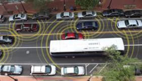A highway image with vehicles with yellow circle waves coming from them.