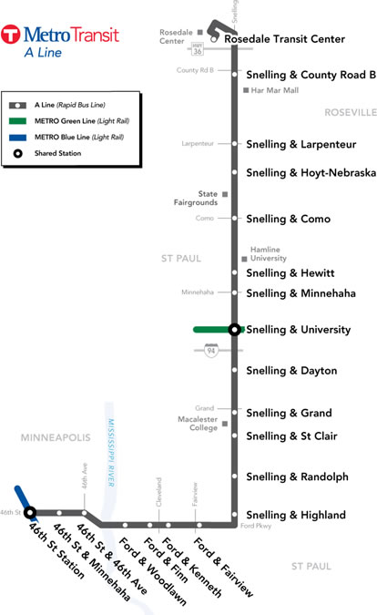 Metrol Transit Line A with stops labeled.