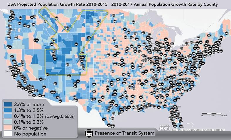 A map of the U.S. showing growth from 2010 and 2015 and distribution of public transporation systems throughout the U.S.