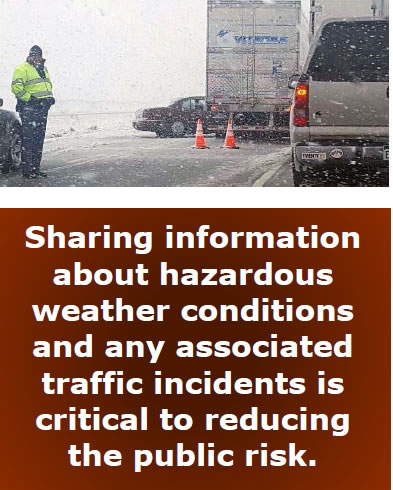 Top image is of an auto accident where car has run into Freight truck. Orange cones are out and there is a responder with a florescent jacket on.  Underneath are the words 'Sharing information about hazardous weather conditions and any associated traffic incidents is critical to reductin the public risk.'