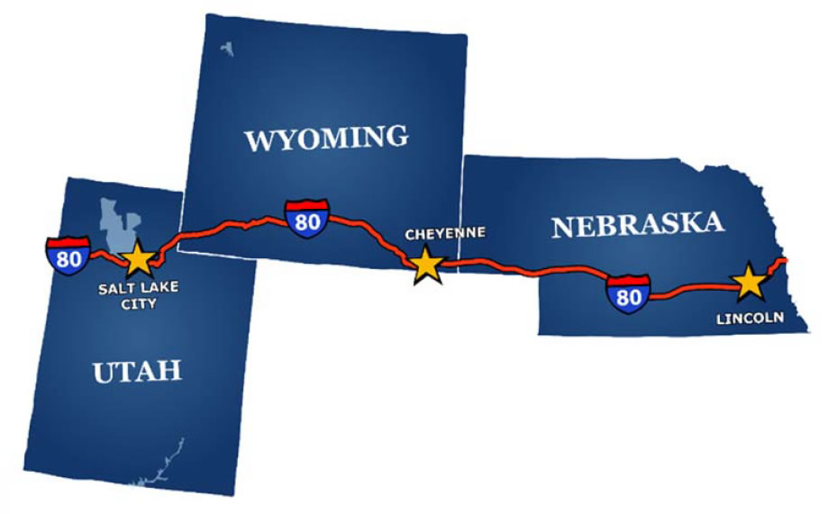 Map of States of Utah, Wyoming, and Nebraska with Interstate 80 the focal point.