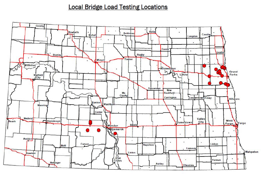 Map of local bridge load testing locations in the state of North Dakota with two clusters of red dots signifying bridges to looked at: one around Bismark and one around Grand Forks