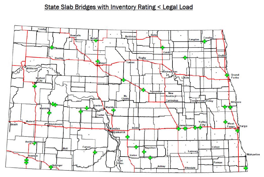 State slab bridges with inventory less than legal load.  Throughout the map are green plus signs denoting bridges that qualify.