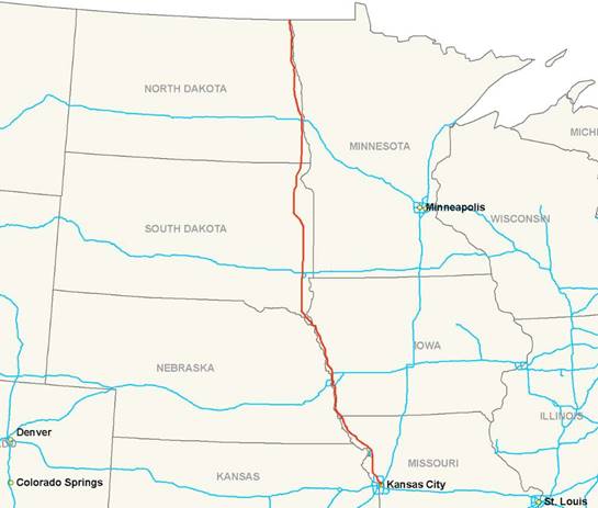 Map of North south corridor from Kansas City, MO tothe Canadian border at Pembina, ND.  Road to Kansas City is in red.