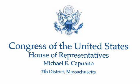 There is a logo of a eagle with spread wings and a branch in one claw and arrows in the other.  The text reads 'Congress of the United States House of Representatives Michael E. Capuano 7th District, Massachusetts'.