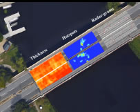 The image is of an aerial view of a bridge deck overlaid with sample 2D plots.  Three sections are indicated: 1) Thickness with red areas, b) Hotspots with blue area, and Radar-grams with small color variations.