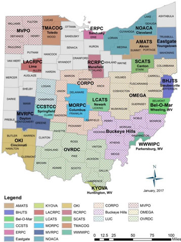 A map of the counties of Ohio with a color legend indicating metropolitan and regional populations.