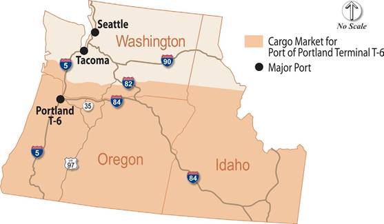 Figure 1: Cargo market for Port of Portland Terminal 6.  The Cargo Market is indicated by a light orange color that takes up Oregon, most of Idaho and the southern tip of Washington state.  Major ports are indicated at Seattle and Tacoma.