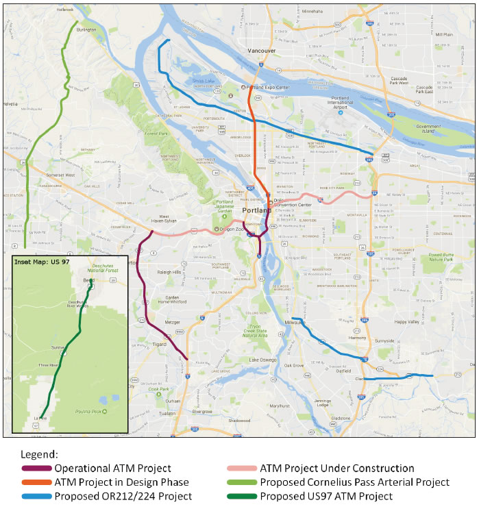 Figure 2: Existing and Proposed Advanced Transportation Projects in the ATCMTD Project Area.  The map is of the Portland city area.