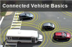 Connected Vehicle Basics - image of cars and buses with yellow circles around them indicating sensors
