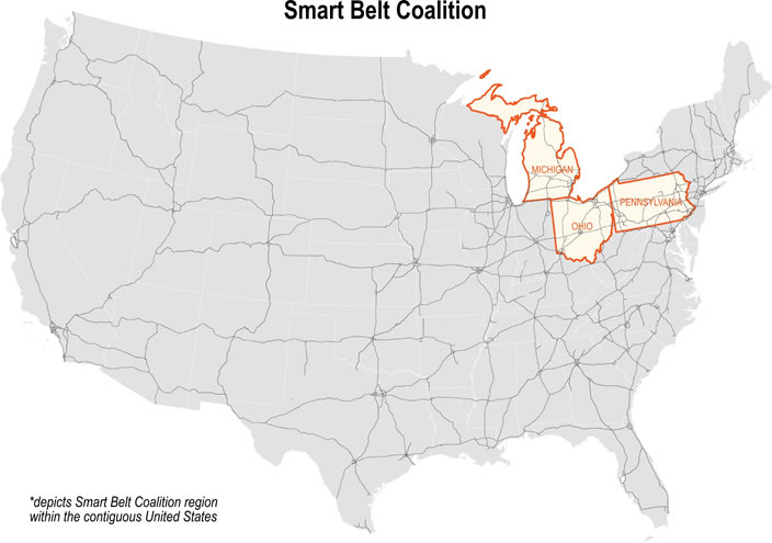 Image is of a map of the United States labeled "Smart Belt Coalition" with the states of Michigan, Ohio, and Pennsylvania identified as part of the Smart Belt Coalition region.