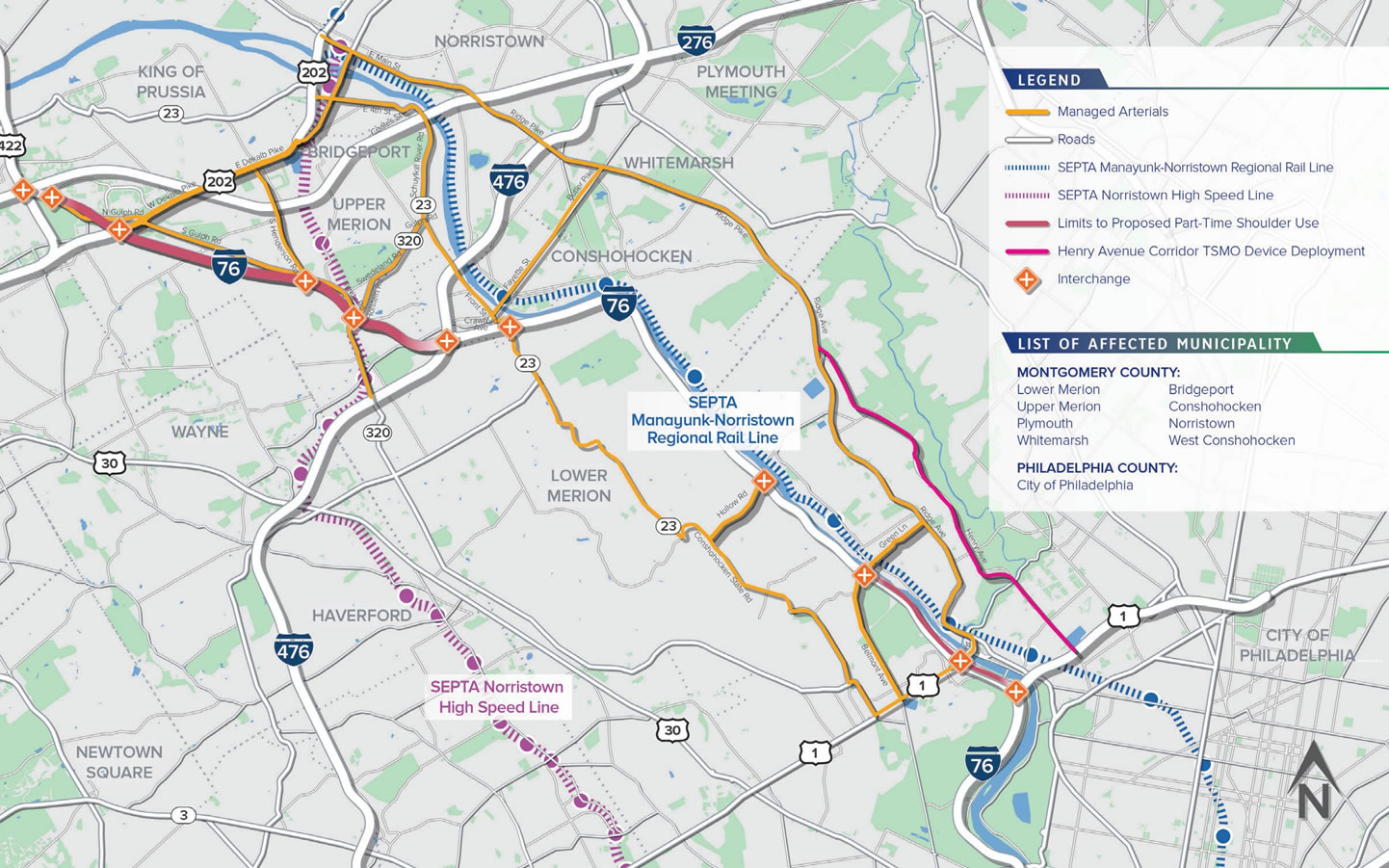 Map of proposed I-76 Corridor Project. With Rail line marked in blue, and the SEPTA Noristown High Speed Line marked in purple, and the part-time shoulder areas marked in red.