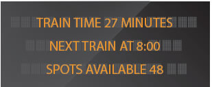 Image looks like electronic road sign that reads: Train time 27 minutes next train at 8:00 spots available 48.