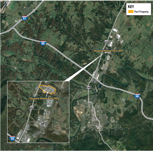 Map of Viginia Inland Port (VIP) with Interstate 81 and 66, and route 340 marked.