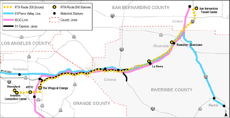Map of SR-91 Corridor.  RTA route 200 (future) runs from Disneyland to San Bernardino Transit Center.  IEOC Line runs from San Bernardino County to Orange County.  Disneyland, Anaheim, ARTIC, the Village at Orange, La Siera, Riverside, and San Bernardino Transit Center are marked as RTA Route 200 Stations.