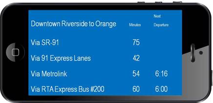 Simulated screenshot of phone displaying travel times for various transportation methods in the Riverdale area.