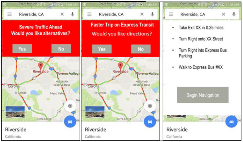 Three screens of app displayed.  One is a severe traffic warning, another deals with taking a faster route and the last provides driving directions.