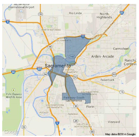 Project Area.  The image is of a city map of Sacramento.  A blue area denotes the project area.  It is a winding shape that extends north to interstate 80, west to highway 84.  Interstate 305/Highway 50 runs through it and it extends south to Parkway-South Sacramento. on route 99.