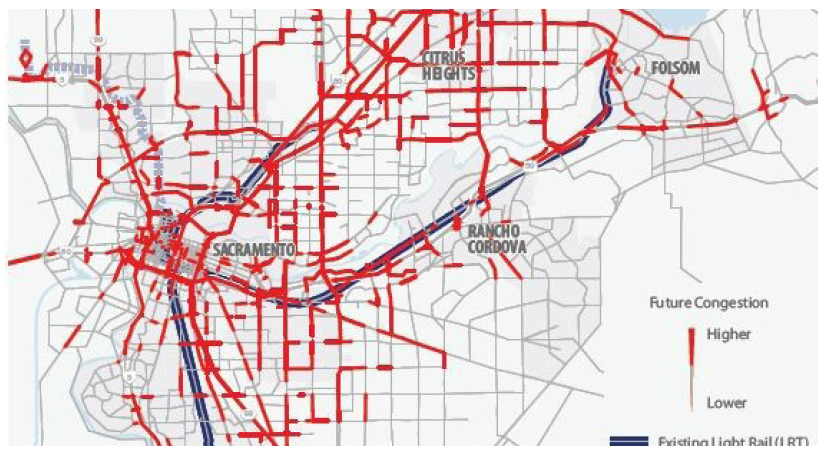 Future Congestion.  A street map of the greater Sacramento area indicating future congestion.  Red lines indicate higher congestion.  The map is covered with lots of red lines.