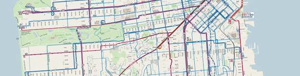Figure : Muni Network Density and Alternatives.  A street map of the Muni Network with many blue and red lines running through the streets.