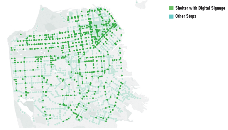 Figure : Existing Shelter Locations with Digital Signage.  Green - Shelter with Digital Signage.  Green is predominant and is most intense in the Northern part of the San Francisco.  Blue - Other Stops.  It too is spread throughout the city with a higher concentration in the southern part of the city.