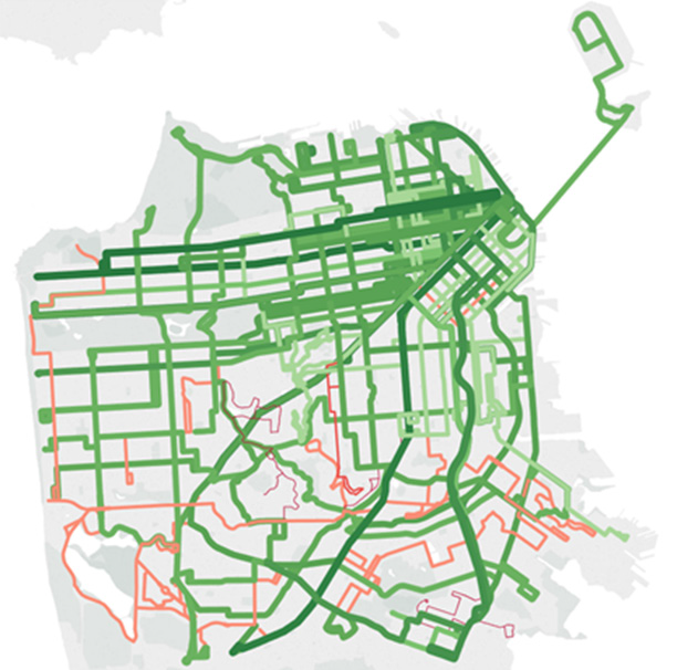 Rush Hour Service. General Streep map of San Francisco. Most routes are green indicating less congestion and less reduced speeds.