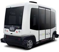 White autonomous battery-electric shuttle bus