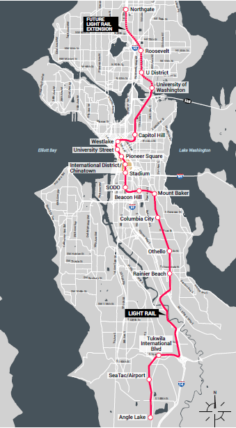 Figure 3: Sound Transit Light Rail Connects Diverse Neighborhoods in the Region to the UW Subarea.  A map of San Francisco area with a red line running roughly through the center of the city.