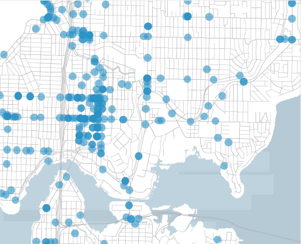 Figure 5: Pedestrian Crashes 2012-2016.  A Street map of Seattle with most accidents focused in the central/western section of the city.