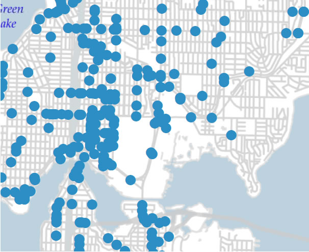 Figure 6: Bike Crashes 2012-2016.  A map of the city with blue dots indicating bike crashes throughtout the city with the majority of accidents occuring in the central/western section of the city.