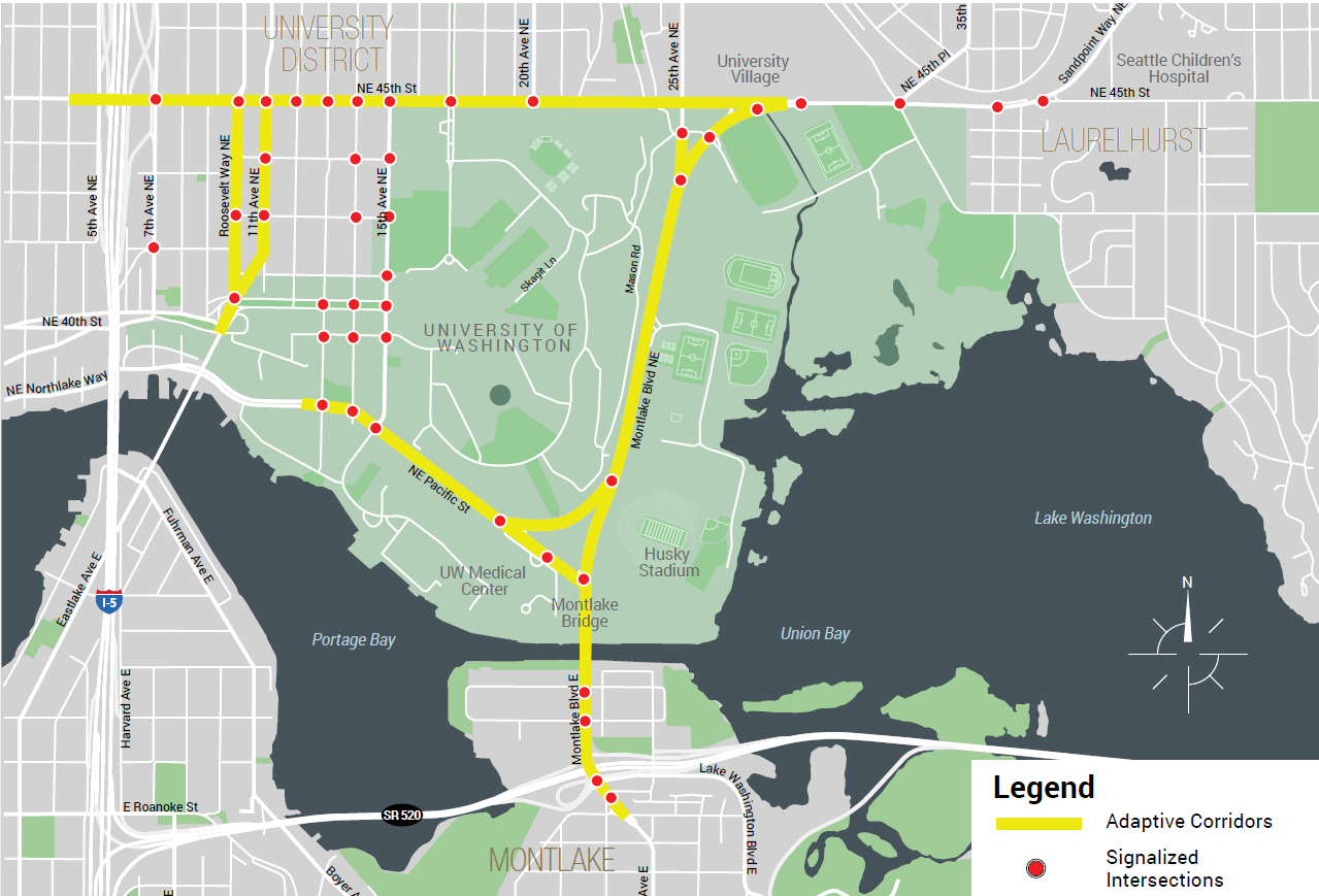 Figure 7: UW Subarea Corridor Traffic Signals.  A map of Seattle with a yellow line denoting Adaptive Corridors.  These are the main roads around the University of Washington