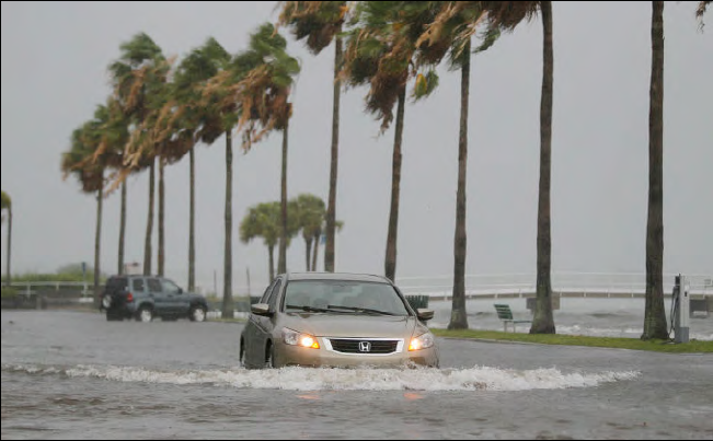 Car in flood water during hurricane in Tampa.