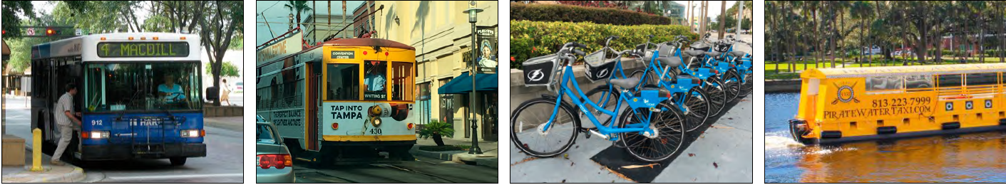 Four images. 1) commuter bus, 2) trolly, 3) row of bikes, 4) water taxi