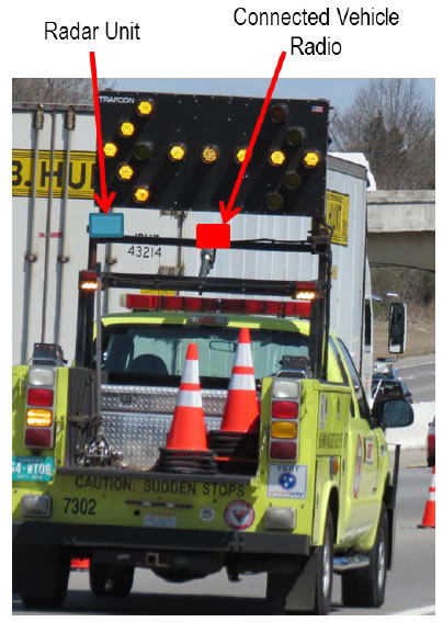 view of back of a traffic signal work truck.  Highlighted are the Radar Unit and the Connected Vehicle Radio.