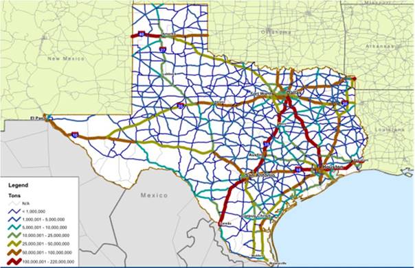 Map of projected freight tonnage in Texas for 2040.  Highest areas are interstates between Dallas, Houston, and San Antonio.