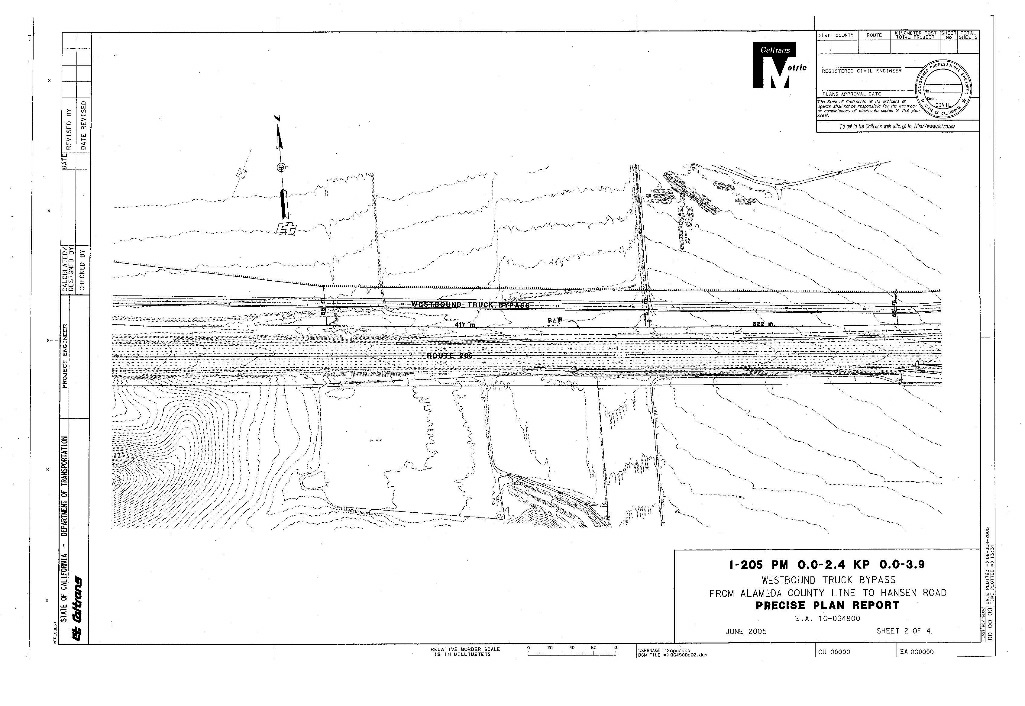 Figure 8: Page 1 of Base Maps, westbound I-205 Truck Climbing Lane, I-205 PM 0.0-2.4 KP 0.0-3.9 Westbound truck bypass from Alameda County Line to Hansey Road, Precise Plan Report.  There is a topographical map of the planned truck climbing lane.
