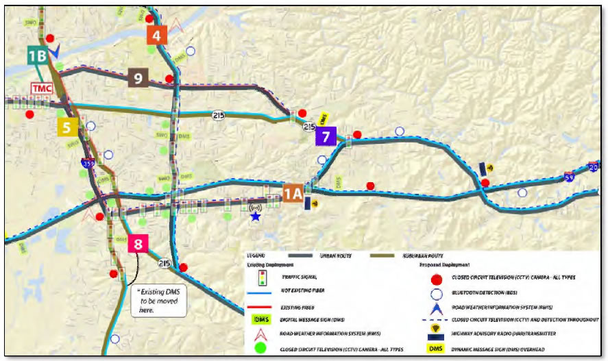 ACTION Deployment Map - Shows traffic signals, existing and non-existing fiber, digital message signs, Road Weather Information System, Closed Circuit television cameras, Bluetooth detection, Highway advisory radio transmitters, and Dynamic Message Signs (overhead).