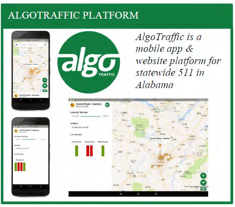 Screenshot of Algo phone app with map.  AlgoTraffic is a mobile app and website platform for statewide 511 in Alabama.