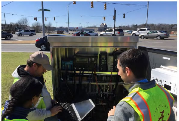 UA and ALDOT personnel working jointly on field installations/operations.  They are dressed in bright yellow vests using a laptop near an intersection.