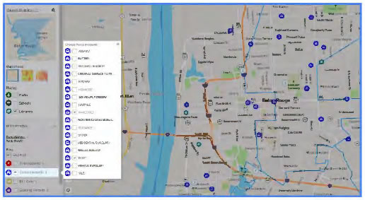Screen shot of application showing city of Baton Rouge, with police, fire and other incidents indicated.