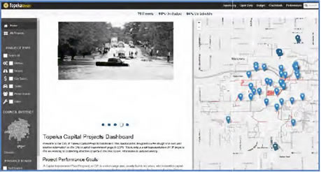 Screenshot of Topeka's Capital Project Dashboard.  Displays a contextual interface map of the area.