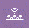 Purple icon with white lettering.  Drawing of houses with trees and wireless reception symbol.